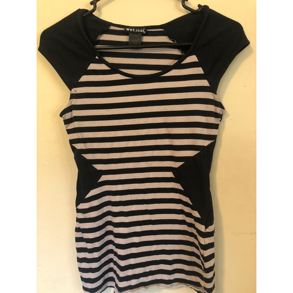 Y2k 90's Wet Seal Womens Black Tan Striped Scoop Neck Cap Sleeve Slimming Top M